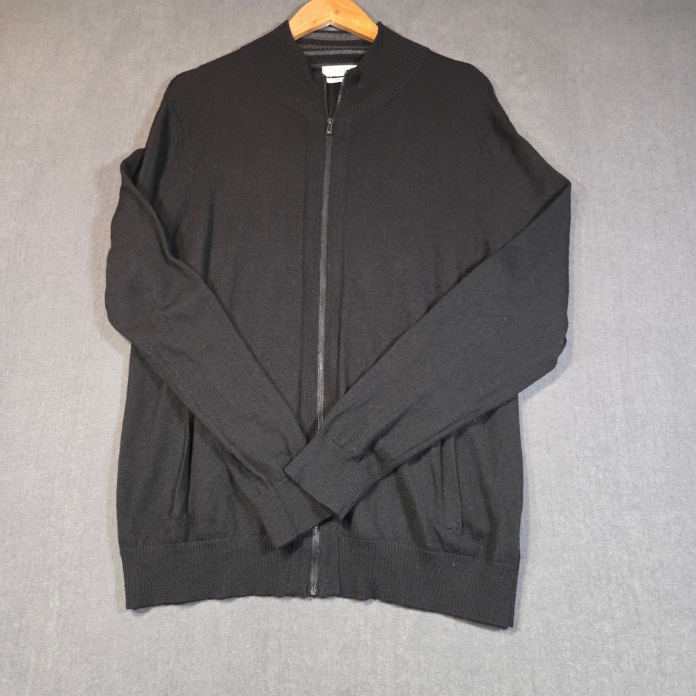Calvin Klein Cardigan Sweater Mens Large Black Extra Fine Merino Wool Full Zip